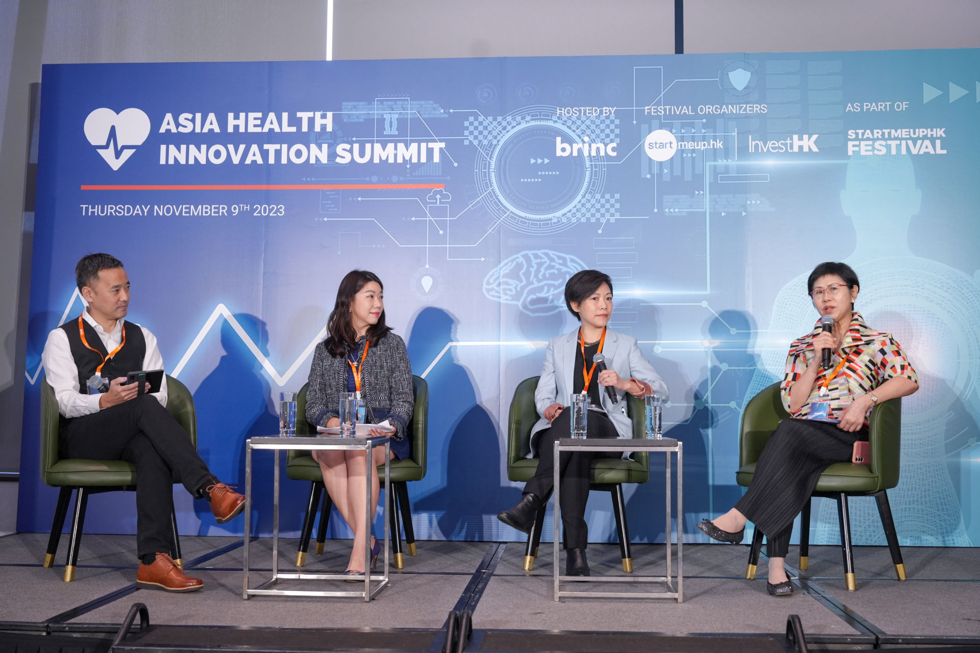 Photo shows Country Manager of IQVIA Ms Carmen Li (second left); the Managing Director, Hong Kong Institute of Biotechnology Limited, Dr Gina Jiang (second right); and the President, Our Hong Kong Foundation, Dr Jane Lee (first right), discussing hot trends in Hong Kong’s healthcare ecosystem at the Asia Health Innovation Summit.