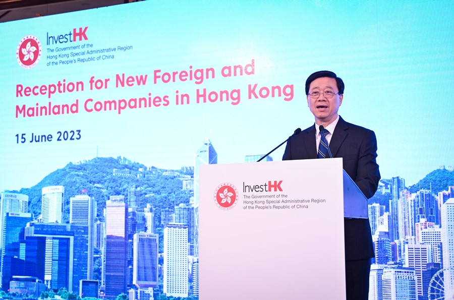 The Chief Executive, Mr John Lee, speaks at an Invest Hong Kong reception today (15 June), thanking senior representatives from Mainland and foreign companies for their lasting confidence in Hong Kong's business environment and calling upon them to continue using the city's global advantage to expand their business worldwide. 