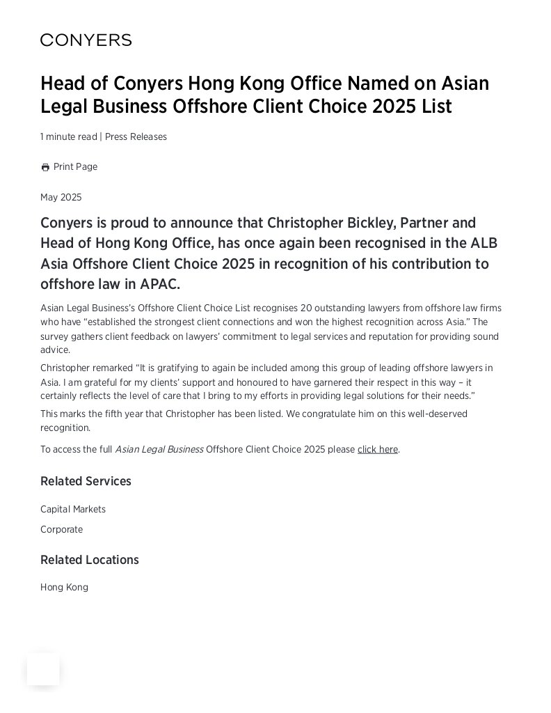 Head of Conyers Hong Kong Office Named on Asian Legal Business Offshore Client Choice 2025 List thumbnail