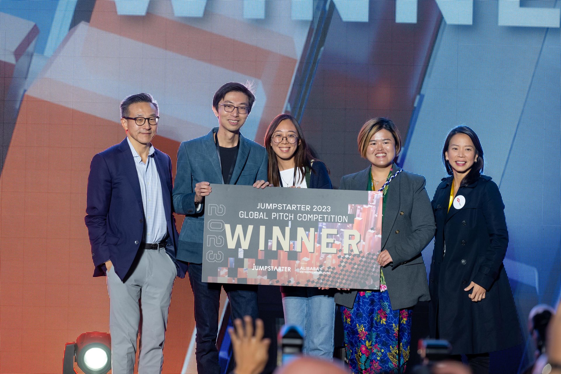 Photo shows Allegrow Biotech, a Hong Kong-based biotechnology company, emerging as the winner of the global pitching competition JUMPSTARTER 2023.