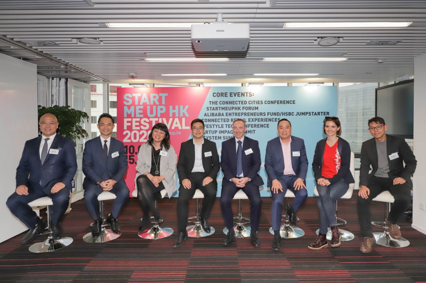 Invest Hong Kong (InvestHK) hosted a media briefing today (20 January 2020) to announce core events of the extended StartmeupHK Festival 2020. From left: Associate Director-General of Investment Promotion at InvestHK Mr Charles Ng; Partner, Smart City Group, KPMG China, Mr Alan Yau; the Head of StartmeupHK at InvestHK, Ms Jayne Chan; the Operations Director of Alibaba Entrepreneurs Fund, Mr Teddy Lui; the Founder and CEO of Bailey Communications HK, Mr Stuart Bailey; the Managing Director of Jumpstart Media, Mr James Kwan; CEO and Co-founder of WHub Ms Karena Belin; and Co-director of the Mills Fabrica Mr Alexander Chan attend the briefing to announce the details of the StartmeupHK Festival 2020.